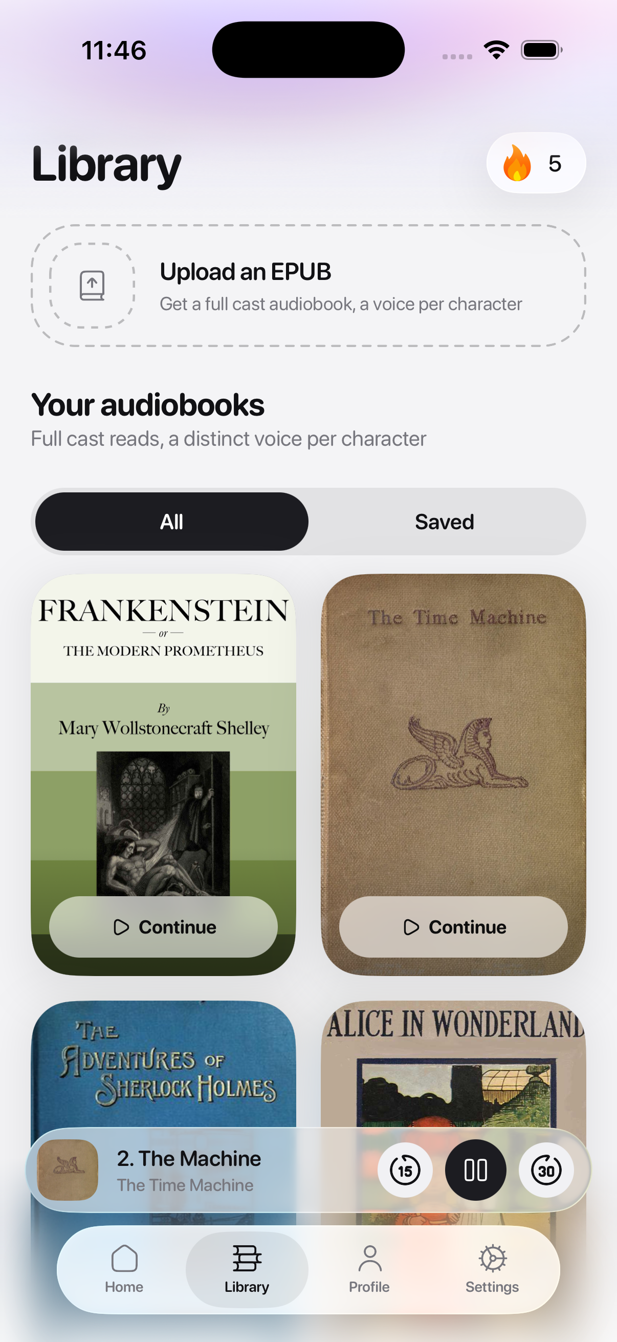 The ReadIt library on first launch: Frankenstein, The Time Machine, The Adventures of Sherlock Holmes, and Alice in Wonderland.
