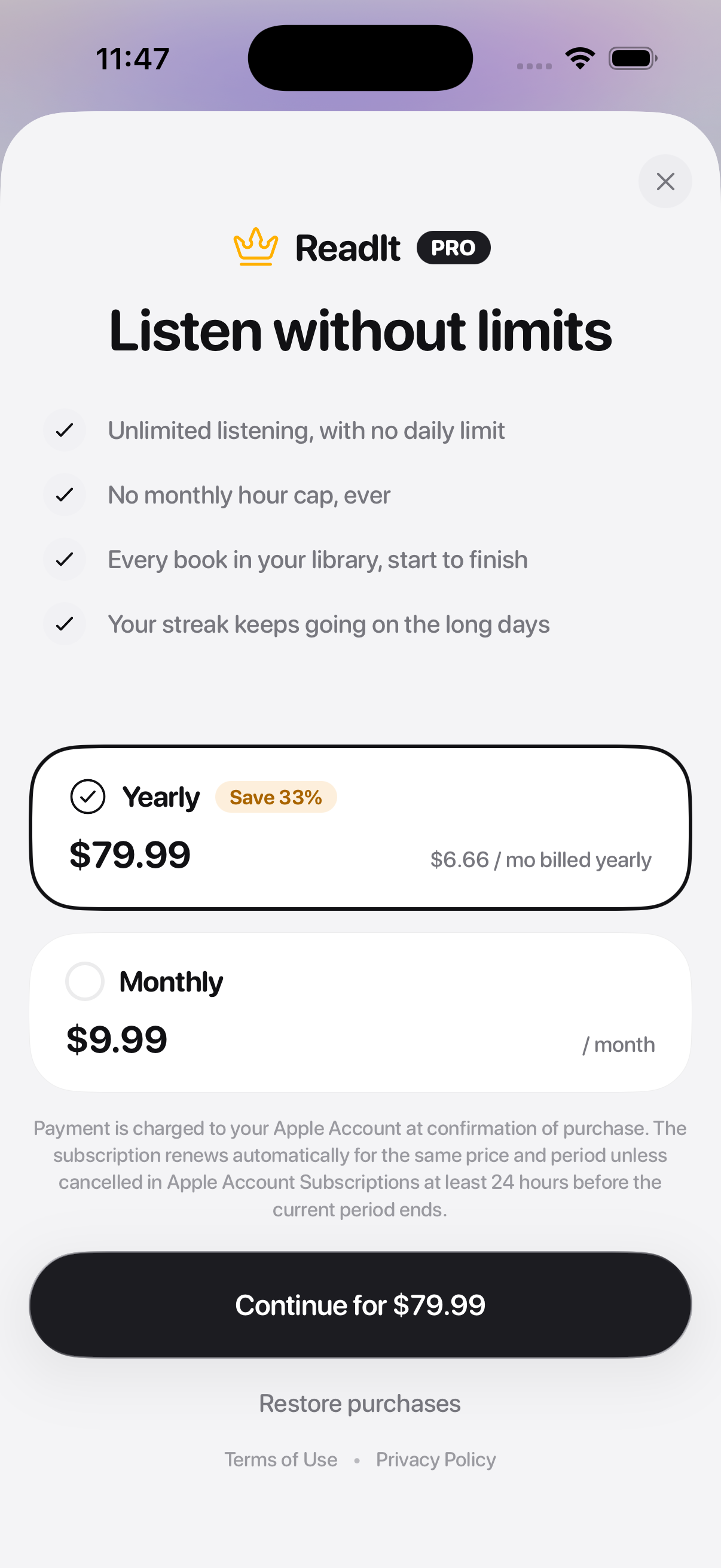 The ReadIt Pro screen: unlimited listening, a yearly plan at $79.99 marked Save 33%, and a monthly plan at $9.99.