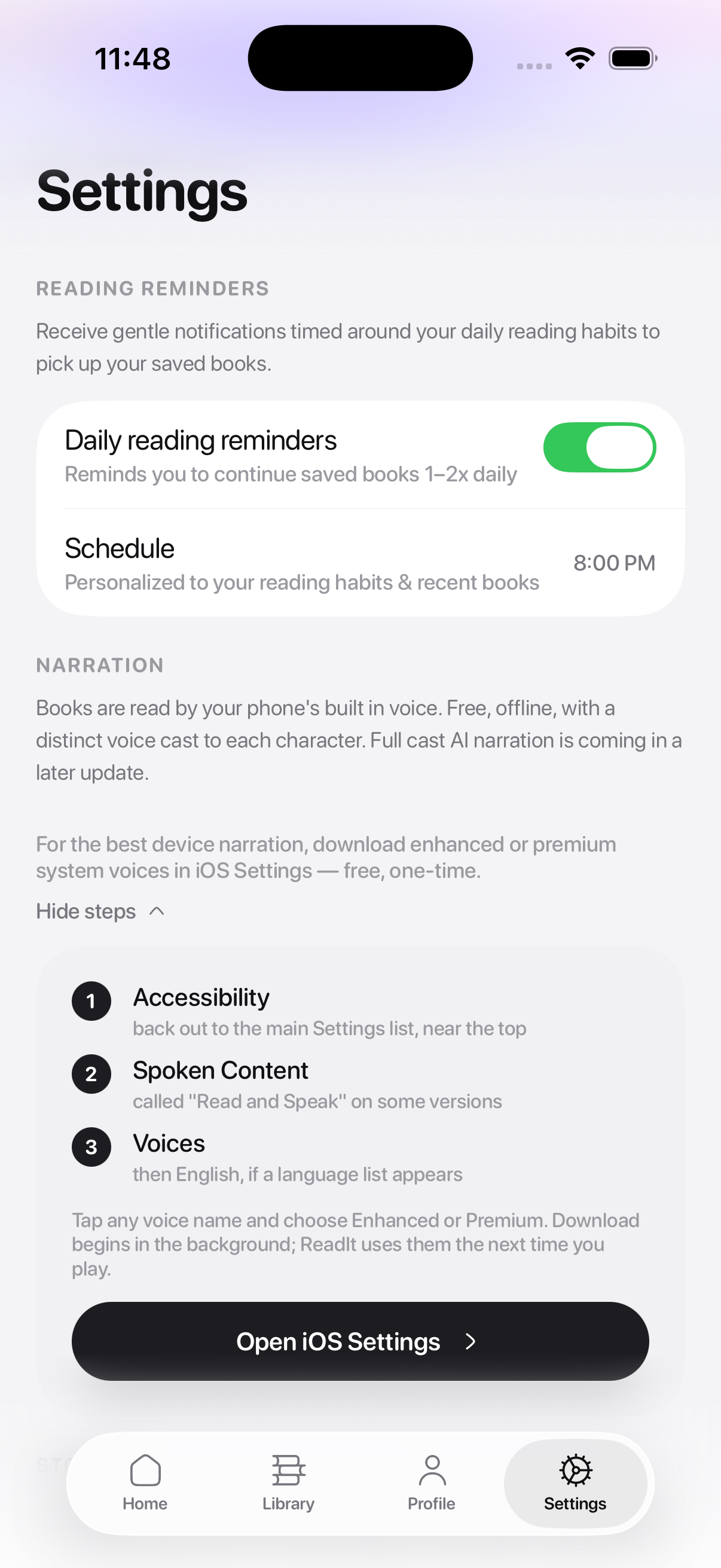 ReadIt Settings, showing the narration section and the steps to download Enhanced or Premium system voices from iOS Settings.