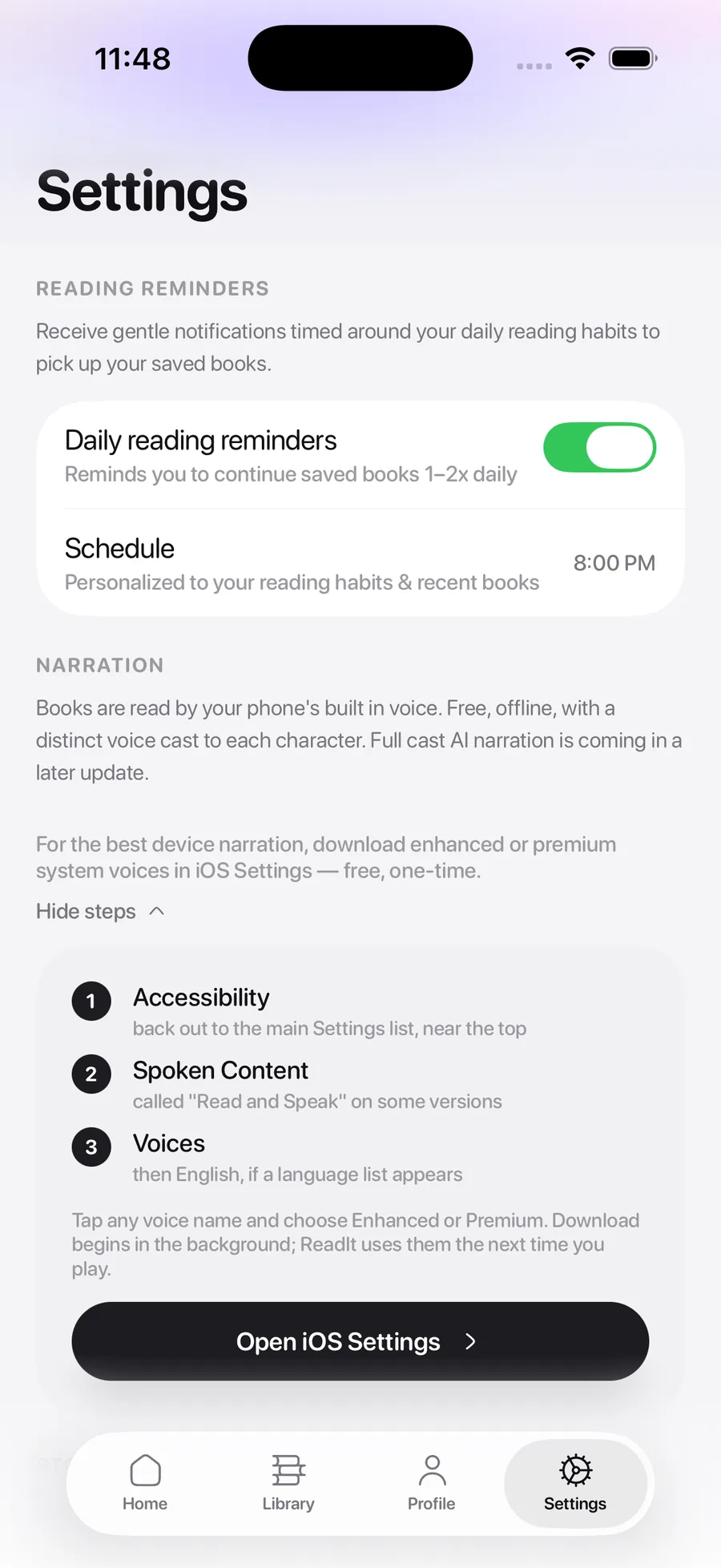 ReadIt Settings, showing the narration section and the steps to download Enhanced or Premium system voices from iOS Settings.